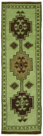 Herki Eskitme Yeşil Pamuk Üzerine Yün El Dokuma Halı-102x341