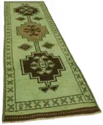 Herki Eskitme Yeşil Pamuk Üzerine Yün El Dokuma Halı-102x341 - Görsel 2