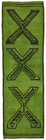 Herki Eskitme Yeşil Pamuk Üzerine Yün El Dokuma Halı-100x333