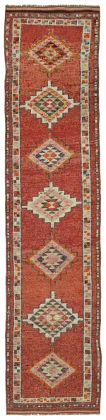 Herki Eskitme Kırmızı Pamuk Üzerine Yün El Dokuma Halı-083x354