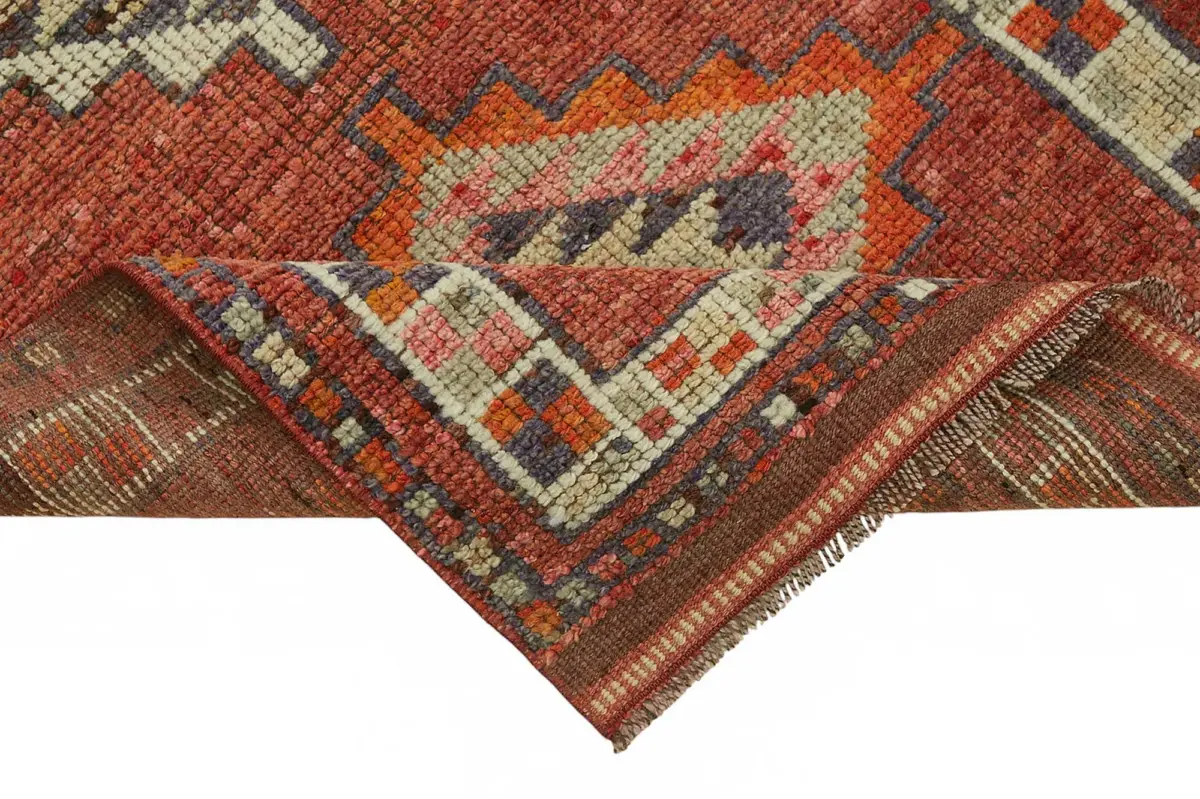 Herki Eskitme Kırmızı Pamuk Üzerine Yün El Dokuma Halı-083x354 - Görsel 6