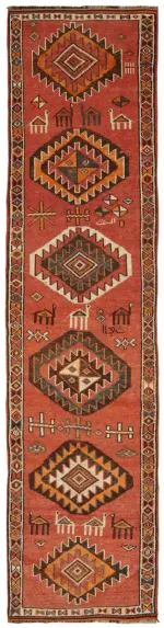 Herki Eskitme Kırmızı Pamuk Üzerine Yün El Dokuma Halı-092x410