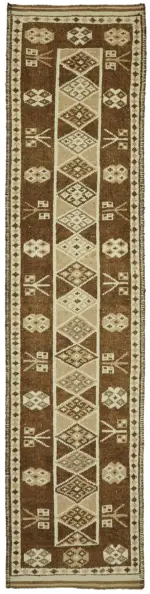 Herki Eskitme Kahverengi Pamuk Üzerine Yün El Dokuma Halı-090x380