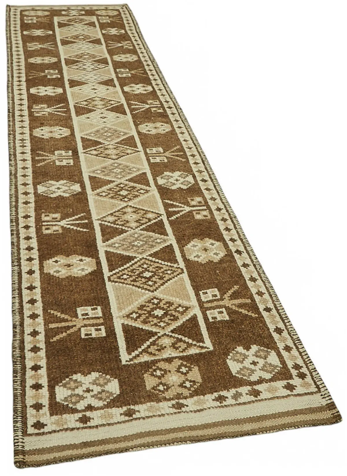 Herki Eskitme Kahverengi Pamuk Üzerine Yün El Dokuma Halı-090x380 - Görsel 2