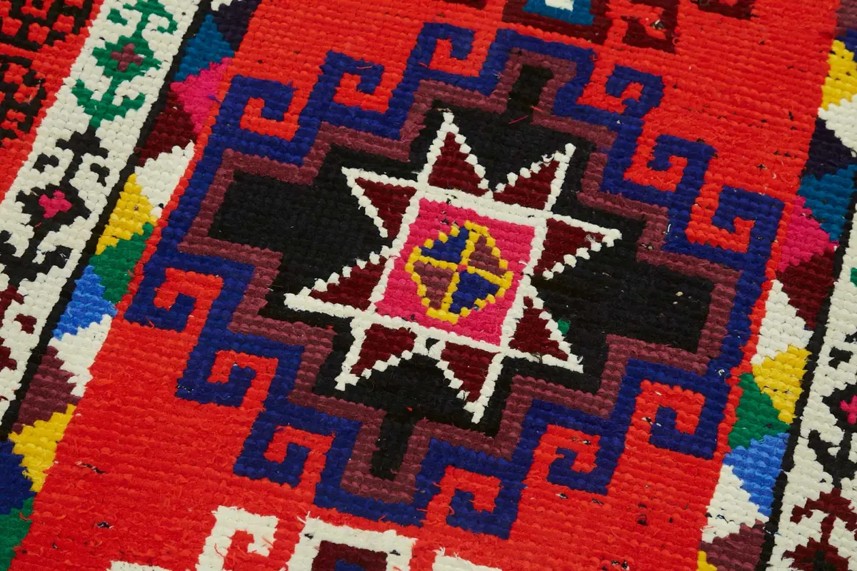 Herki Eskitme Kırmızı Pamuk Üzerine Yün El Dokuma Halı-090x360 - Görsel 5