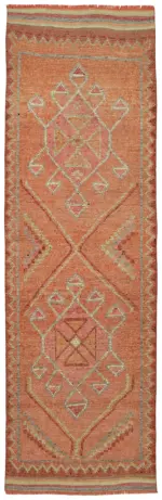 Herki Eskitme Kırmızı Pamuk Üzerine Yün El Dokuma Halı-100x318