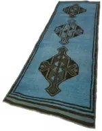 Herki Eskitme Mavi Pamuk Üzerine Yün El Dokuma Halı-100x343 - Görsel 3