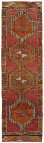 Herki Eskitme Kırmızı Pamuk Üzerine Yün El Dokuma Halı-094x318