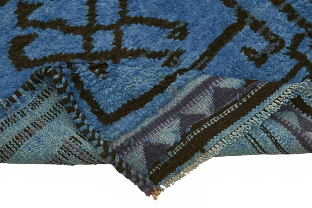 Herki Eskitme Mavi Pamuk Üzerine Yün El Dokuma Halı-097x350 - Görsel 6