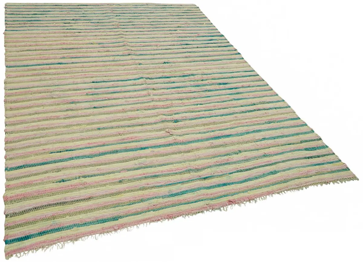İskandinav Multi Renk Çizgili Pamuk Üzerinde Yün El Dokuma Halı-175x250 - Görsel 2