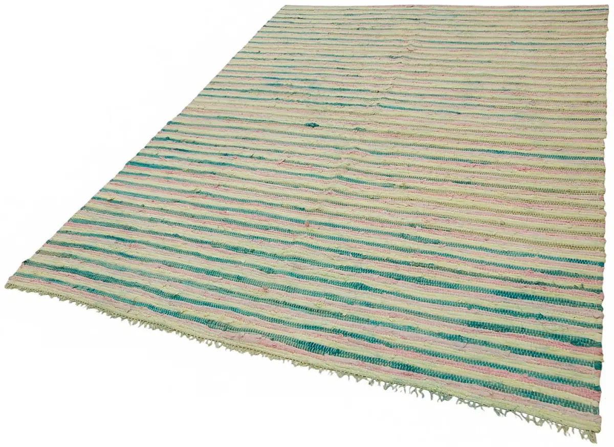 İskandinav Multi Renk Çizgili Pamuk Üzerinde Yün El Dokuma Halı-175x250 - Görsel 3
