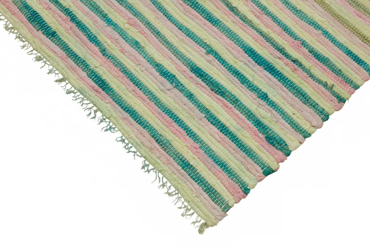 İskandinav Multi Renk Çizgili Pamuk Üzerinde Yün El Dokuma Halı-175x250 - Görsel 4