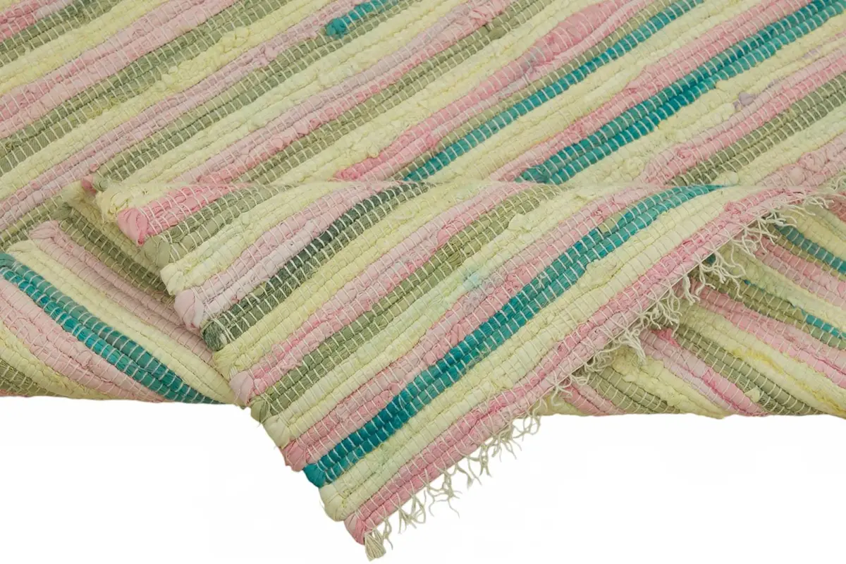 İskandinav Multi Renk Çizgili Pamuk Üzerinde Yün El Dokuma Halı-175x250 - Görsel 6