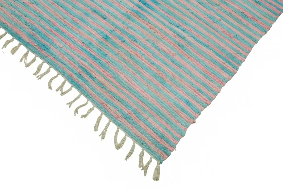 İskandinav Mavi Çizgili Pamuk Üzerine Yün El Dokuma Halı-177x265 - Görsel 4