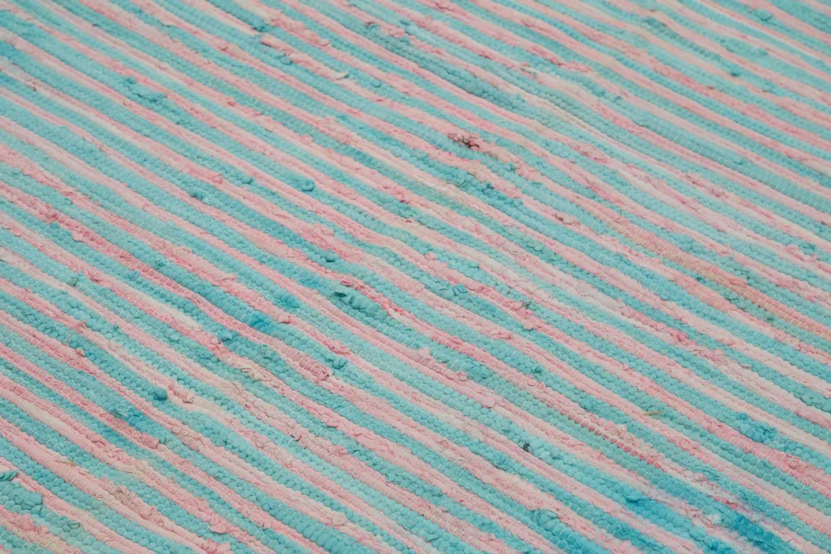 İskandinav Mavi Çizgili Pamuk Üzerine Yün El Dokuma Halı-177x265 - Görsel 5