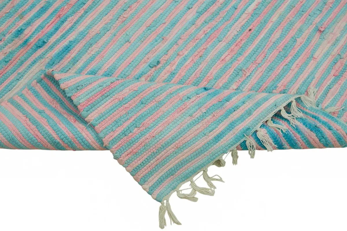 İskandinav Mavi Çizgili Pamuk Üzerine Yün El Dokuma Halı-177x265 - Görsel 6