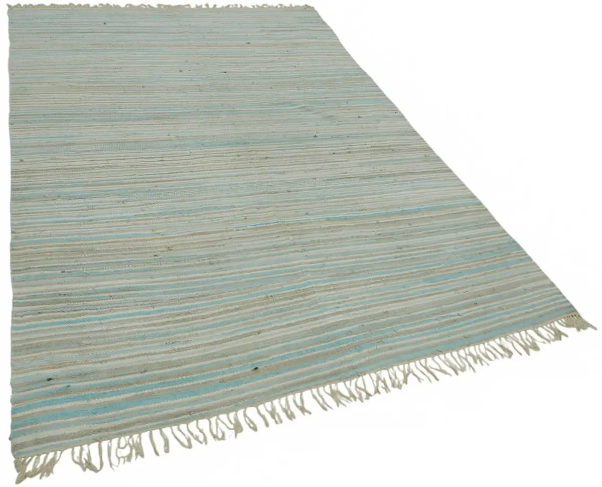 İskandinav Mavi Çizgili Pamuk Üzerine Yün El Dokuma Halı-173x263 - Görsel 2