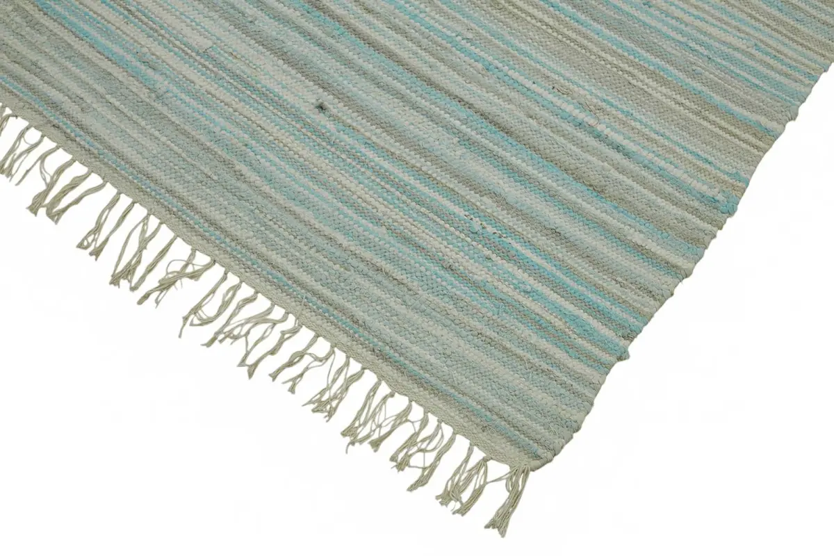İskandinav Mavi Çizgili Pamuk Üzerine Yün El Dokuma Halı-173x263 - Görsel 4