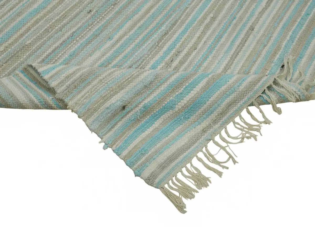 İskandinav Mavi Çizgili Pamuk Üzerine Yün El Dokuma Halı-173x263 - Görsel 6