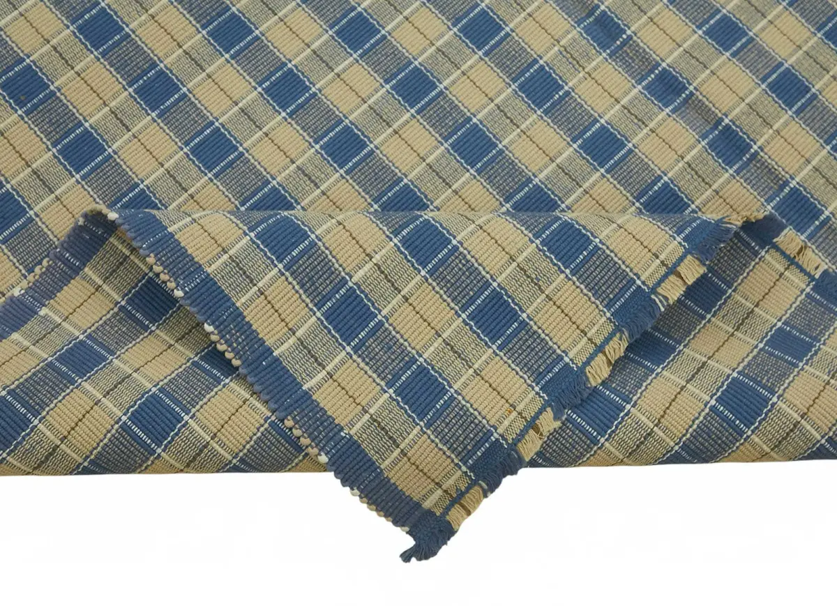 İskandinav Mavi Modern Dizayn Pamuk Üzerine Yün El Dokuma Halı-181x263 - Görsel 6