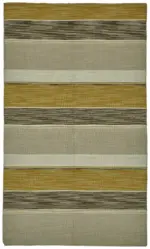 İskandinav Bej Çizgili Pamuk Üzerine Yün El Dokuma Halı-150x253