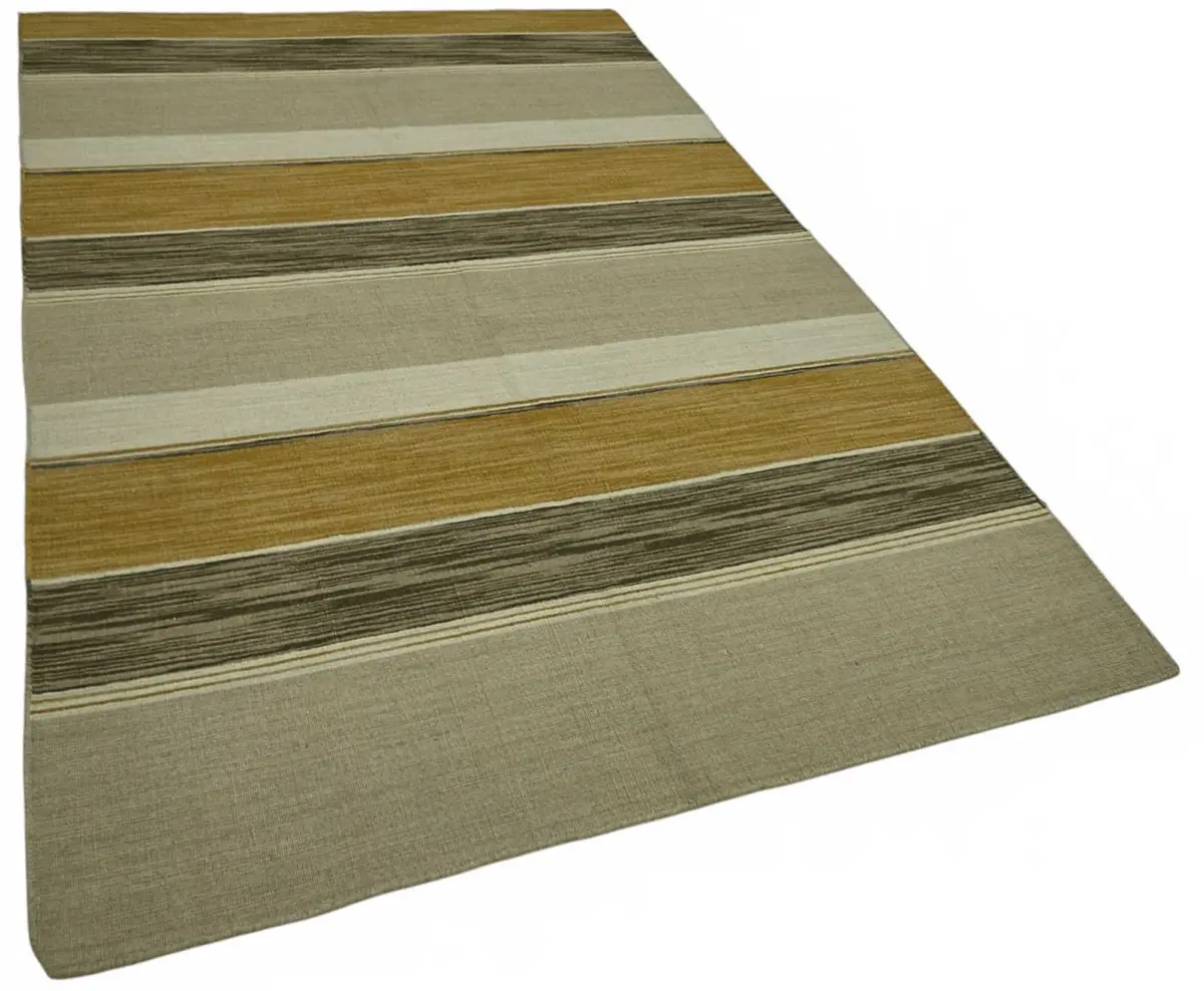 İskandinav Bej Çizgili Pamuk Üzerine Yün El Dokuma Halı-150x253 - Görsel 2