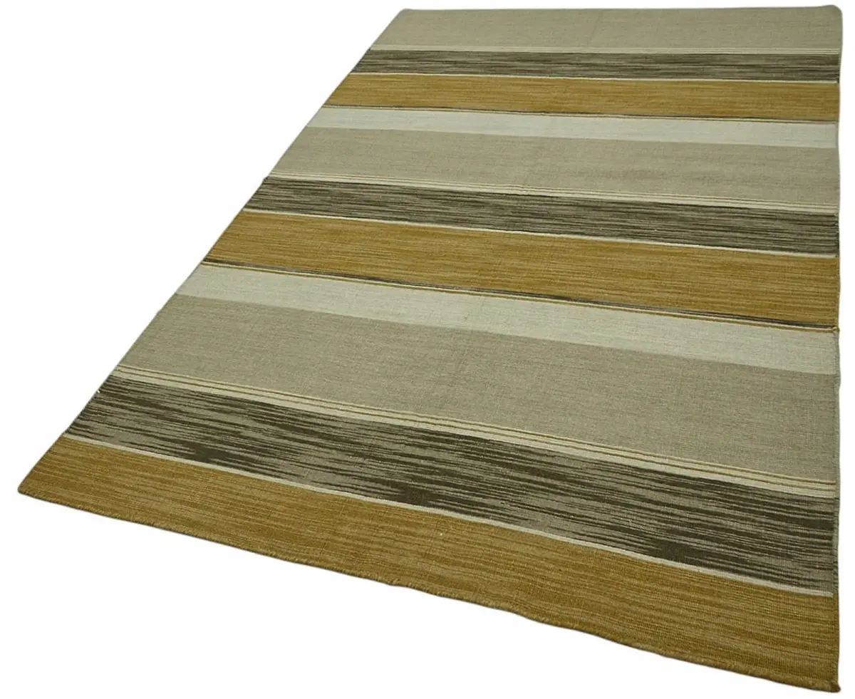 İskandinav Bej Çizgili Pamuk Üzerine Yün El Dokuma Halı-150x253 - Görsel 3