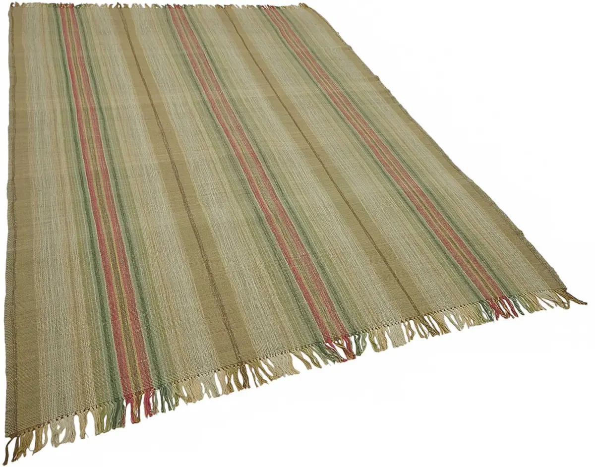 İskandinav Bej Çizgili Pamuk Üzerine Yün El Dokuma Halı-180x252 - Görsel 2