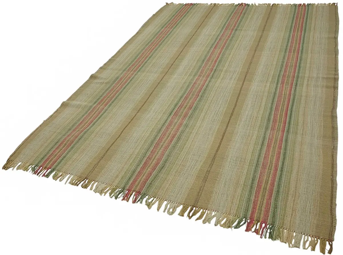 İskandinav Bej Çizgili Pamuk Üzerine Yün El Dokuma Halı-180x252 - Görsel 3