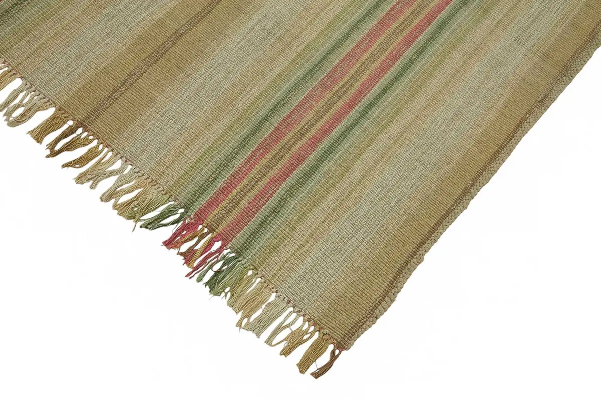 İskandinav Bej Çizgili Pamuk Üzerine Yün El Dokuma Halı-180x252 - Görsel 4