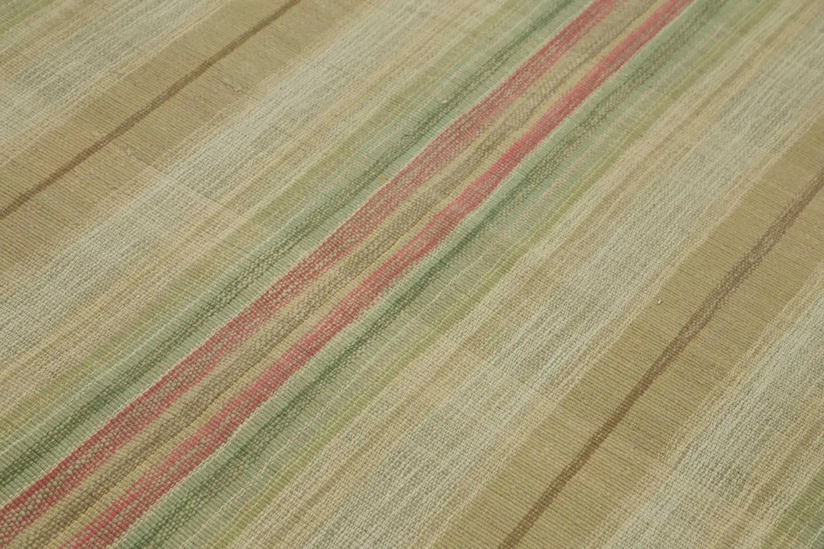 İskandinav Bej Çizgili Pamuk Üzerine Yün El Dokuma Halı-180x252 - Görsel 5
