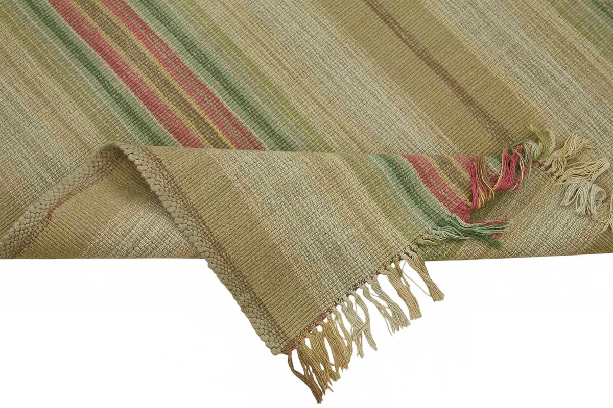 İskandinav Bej Çizgili Pamuk Üzerine Yün El Dokuma Halı-180x252 - Görsel 6