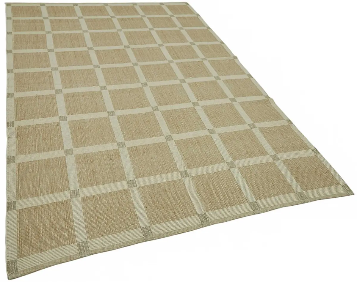 İskandinav Bej Çizgili Kare Desen Pamuk Üzerine Yün El Dokuma Halı-171x274 - Görsel 2