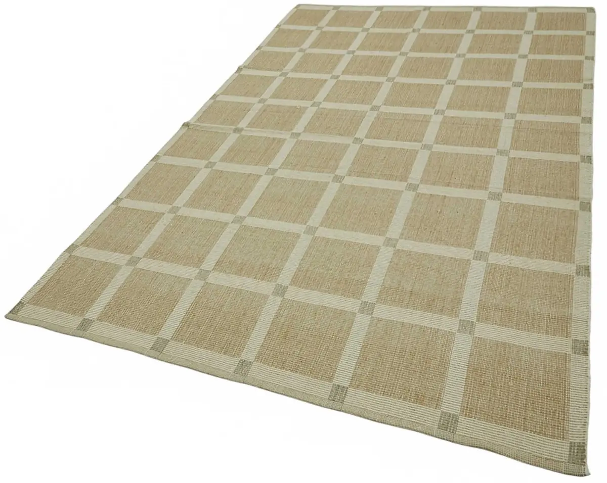 İskandinav Bej Çizgili Kare Desen Pamuk Üzerine Yün El Dokuma Halı-171x274 - Görsel 3