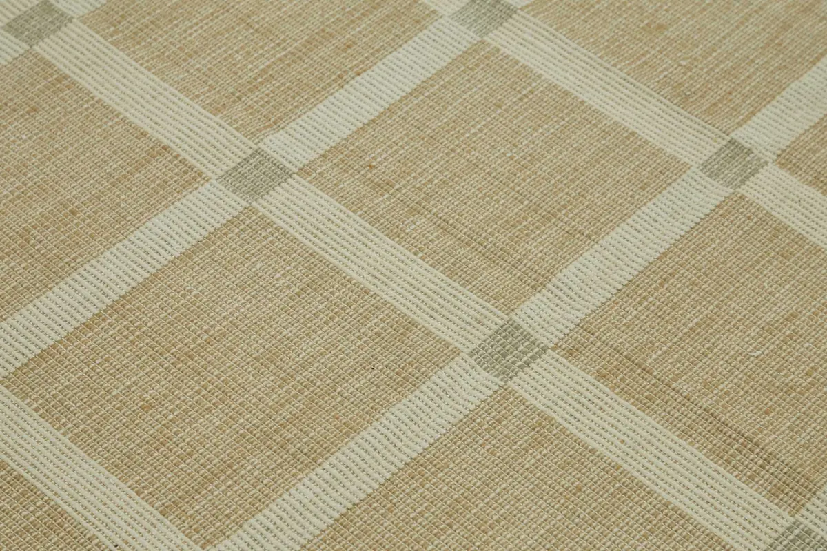 İskandinav Bej Çizgili Kare Desen Pamuk Üzerine Yün El Dokuma Halı-171x274 - Görsel 5