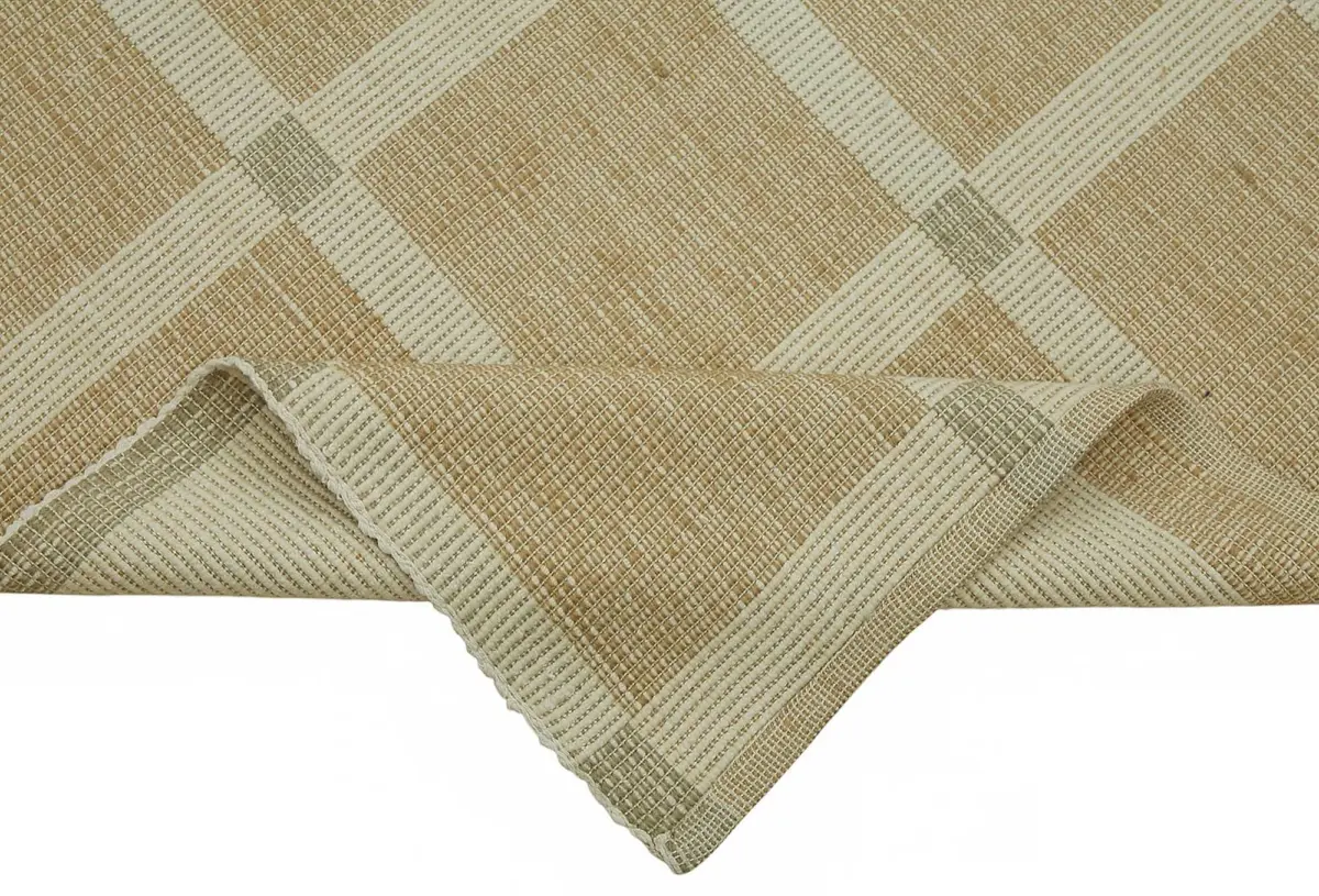 İskandinav Bej Çizgili Kare Desen Pamuk Üzerine Yün El Dokuma Halı-171x274 - Görsel 6