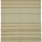 İskandinav Bej Çizgili Pamuk Üzerine Yün El Dokuma Halı-150x241