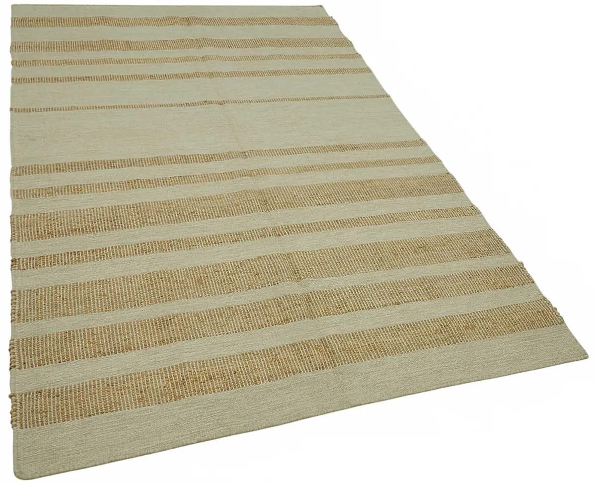 İskandinav Bej Çizgili Pamuk Üzerine Yün El Dokuma Halı-150x241 - Görsel 2