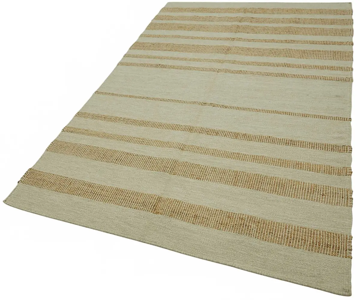 İskandinav Bej Çizgili Pamuk Üzerine Yün El Dokuma Halı-150x241 - Görsel 3