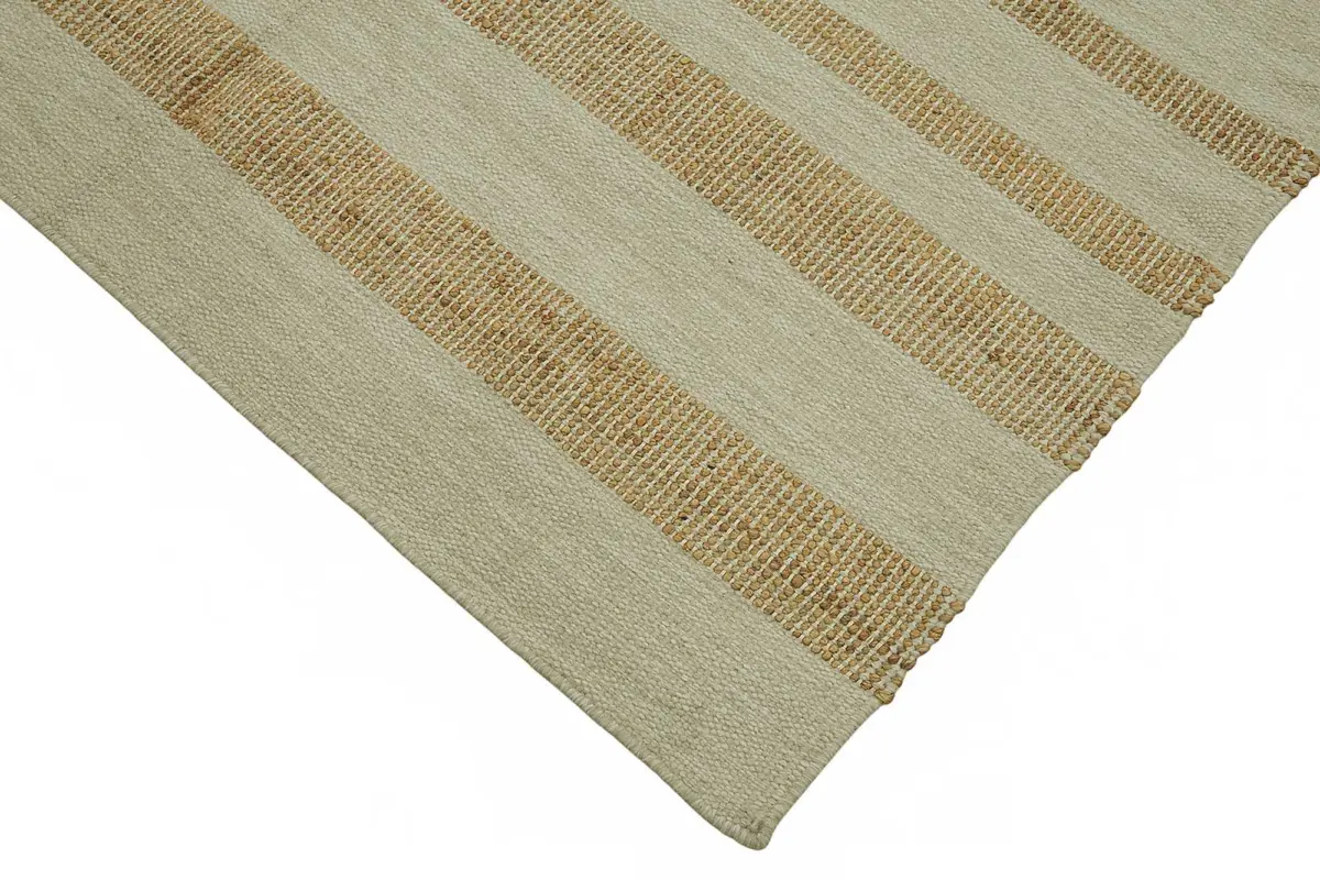 İskandinav Bej Çizgili Pamuk Üzerine Yün El Dokuma Halı-150x241 - Görsel 4
