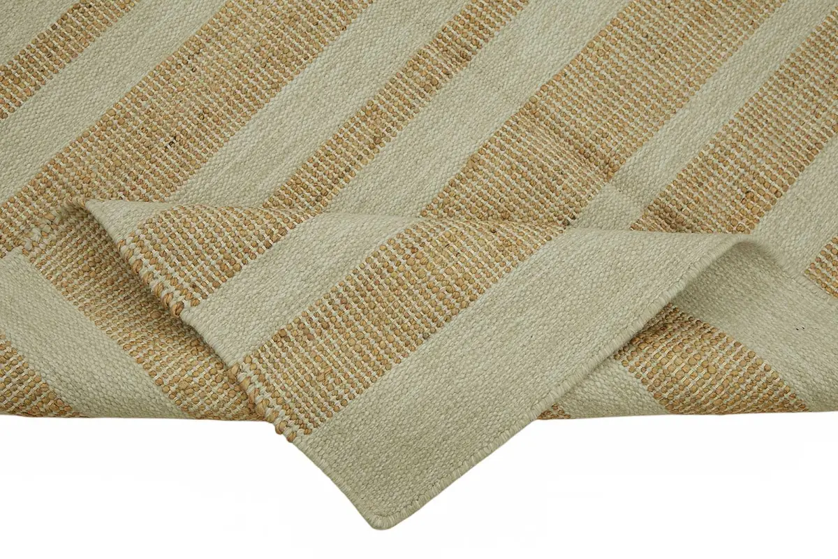 İskandinav Bej Çizgili Pamuk Üzerine Yün El Dokuma Halı-150x241 - Görsel 6