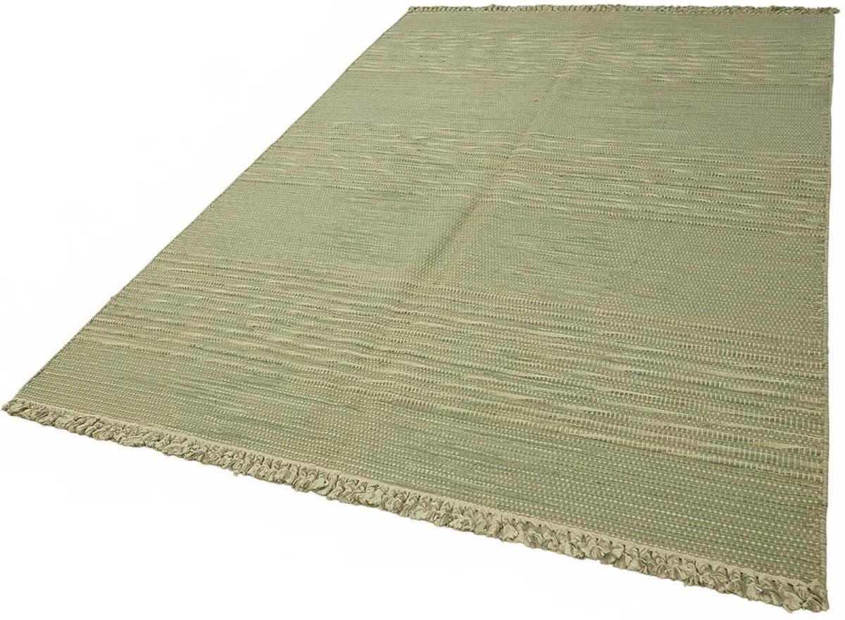 İskandinav Yeşil Çizgili Pamuk Üzerine Yün El Dokuma Halı-183x272 - Görsel 3