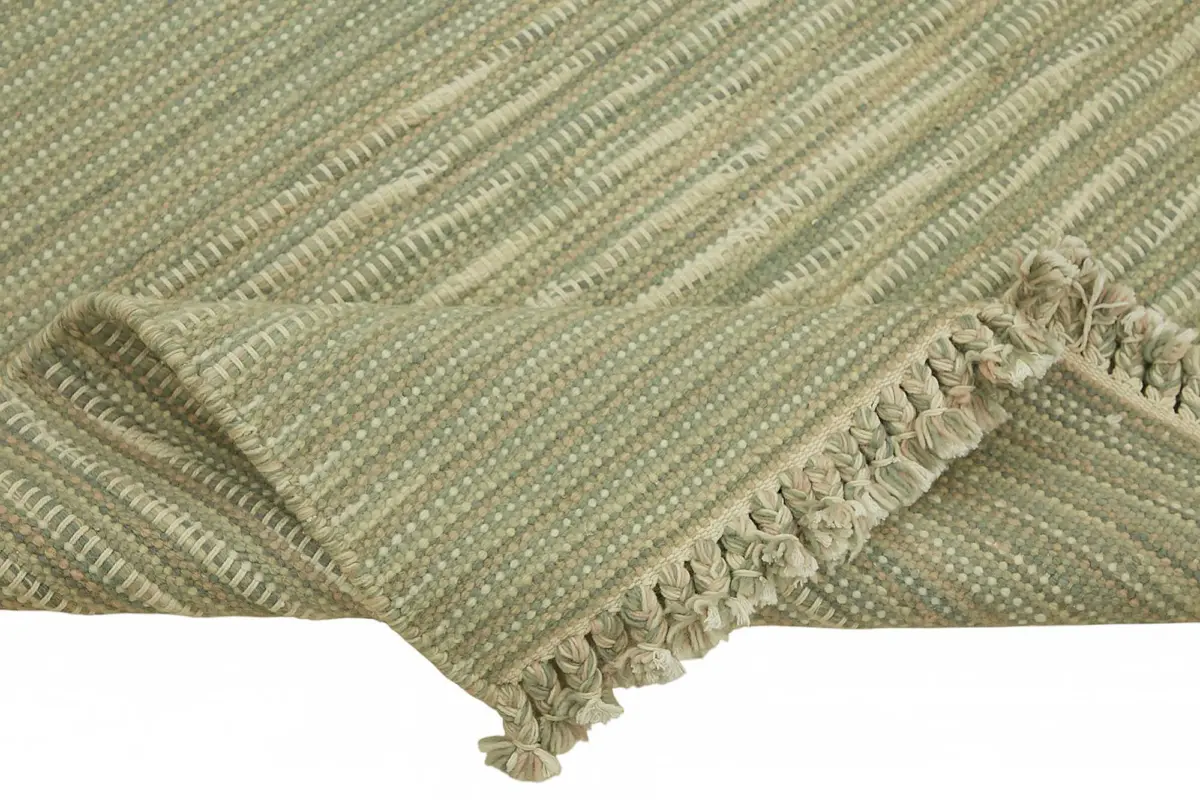 İskandinav Yeşil Çizgili Pamuk Üzerine Yün El Dokuma Halı-183x272 - Görsel 6