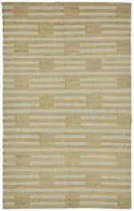 İskandinav Bej Çizgili Pamuk Üzerine Yün El Dokuma Halı-150x241