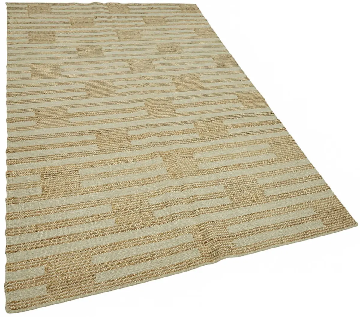 İskandinav Bej Çizgili Pamuk Üzerine Yün El Dokuma Halı-150x241 - Görsel 2