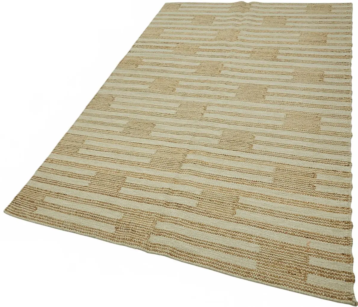 İskandinav Bej Çizgili Pamuk Üzerine Yün El Dokuma Halı-150x241 - Görsel 3