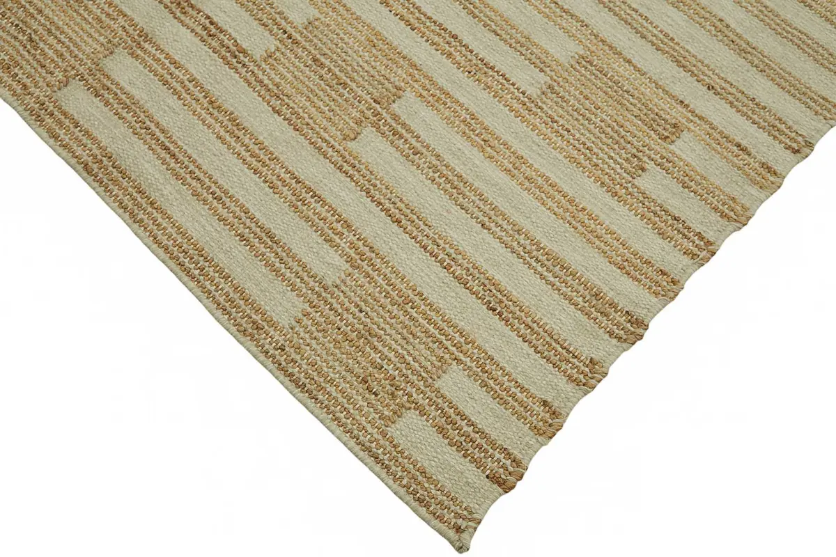 İskandinav Bej Çizgili Pamuk Üzerine Yün El Dokuma Halı-150x241 - Görsel 4