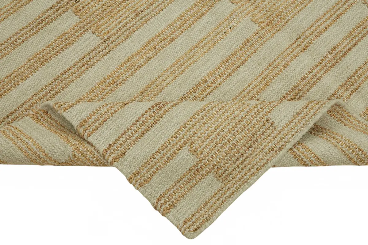 İskandinav Bej Çizgili Pamuk Üzerine Yün El Dokuma Halı-150x241 - Görsel 6