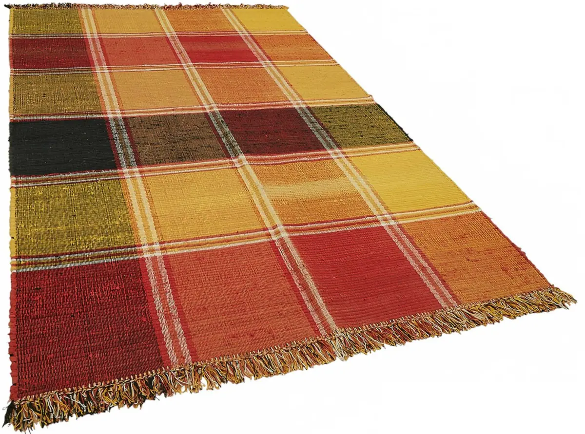 İskandinav Multi Renk Çizgili Kare Desen Pamuk Üzerine Yün El Dokuma Halı-181x300 - Görsel 2