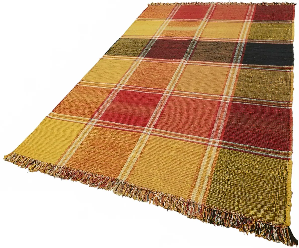 İskandinav Multi Renk Çizgili Kare Desen Pamuk Üzerine Yün El Dokuma Halı-181x300 - Görsel 3